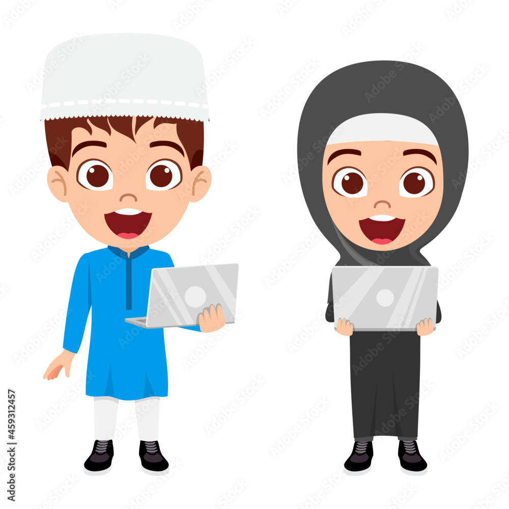 Happy cute kid boy and girl character wearing Arab Muslim businessman outfits isolated and holding laptop Happy cute kid boy and girl character wearing Arab Muslim businessman outfits isolated and holding laptop
