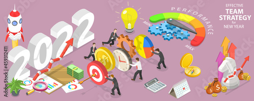 3D Isometric Flat Vector Conceptual Illustration of Effective Team Strategy for New 2022 Year, Teamwork and Brainstorming