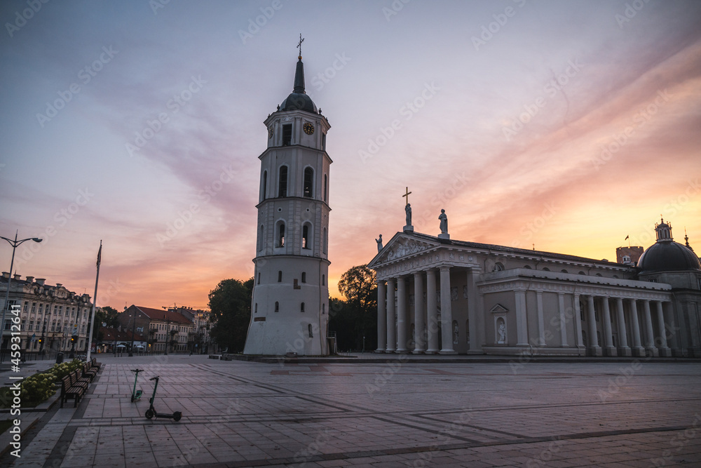 Cathedral Square in the center of Vilnius, famous touristic destination in Lithuania, Europe