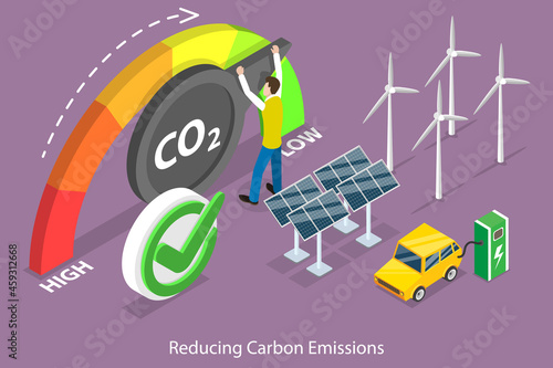 3D Isometric Flat Vector Conceptual Illustration of Reducing Carbon Emissions, Sustainable Development as Renewable Energy Industry Growth