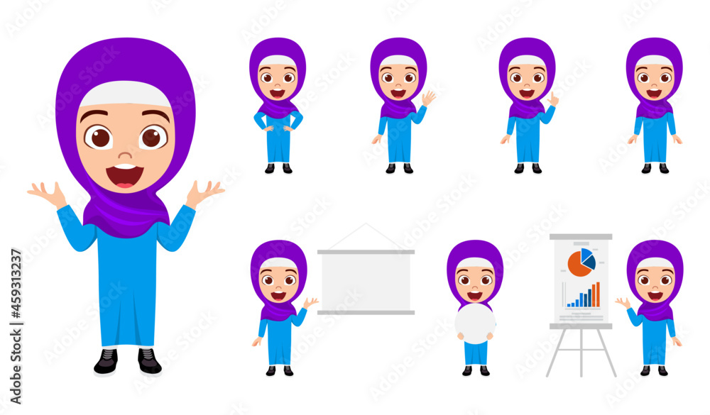 Happy Muslim Arab kid girl businesswoman character standing and doing different action with presentation board placard pointing Happy Muslim Arab kid girl businesswoman character standing and doing different action with presentation board placard pointing