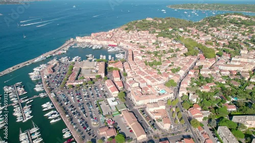 Wide, aerial view of the parking area and pier in Saint Tropez photo