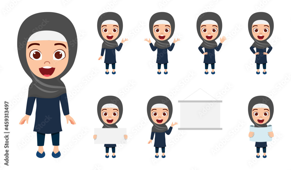 Happy Muslim Arab kid girl businesswoman character standing and doing different action with presentation board placard