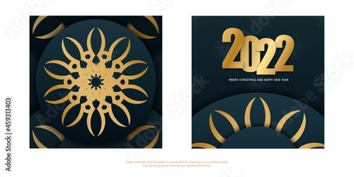 Template Greeting Brochure 2022 Merry Christmas Dark blue with winter gold ornament