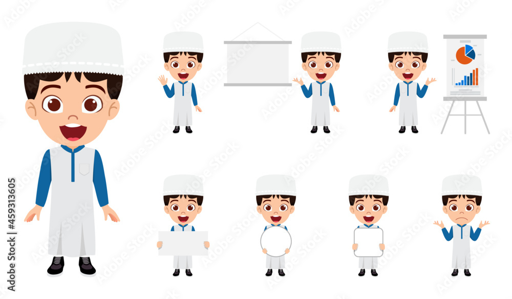 Happy Muslim Arab kid boy businessman character standing and doing different action with presentation board placard Happy Muslim Arab kid boy businessman character standing and doing different action with presentation board placard