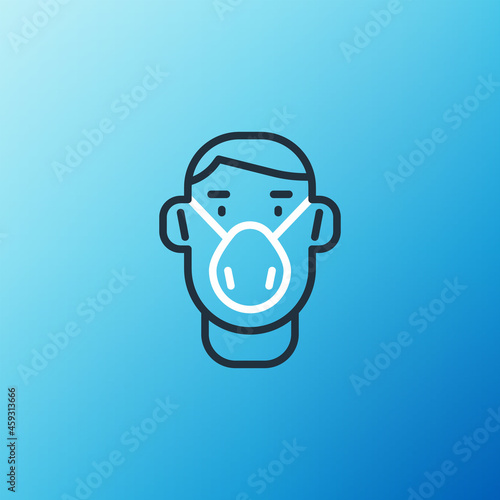 Line Man face in a medical protective mask icon isolated on blue background. Quarantine. Colorful outline concept. Vector