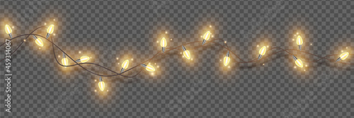 Christmas lights, vector holiday festive illumination, x-mas glowing garland, New Year decor element. Winter party border, glowing wreath on transparent background. Christmas lights, carnival lamps