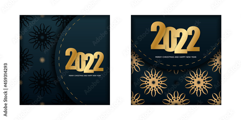 Template Greeting Flyer 2022 Happy New Year Dark Blue with Vintage Gold Pattern