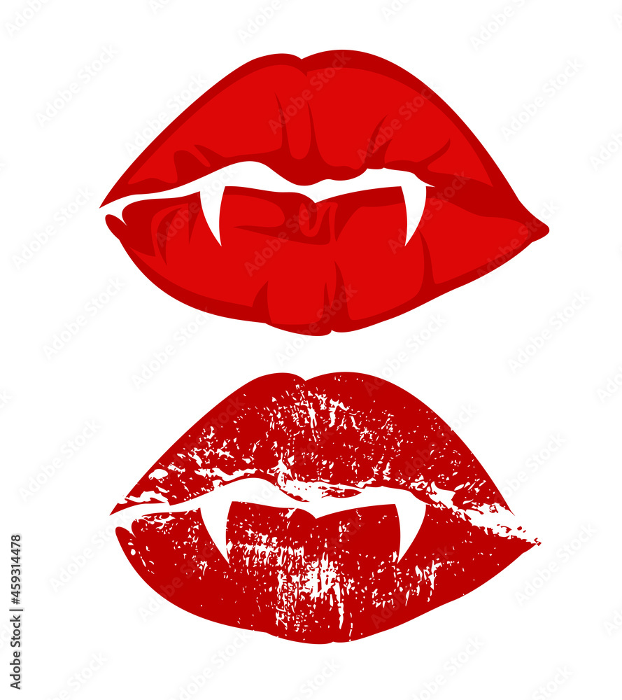 red vampire lips with fangs kiss mark - vector design of voluptuous mouth imprints silhouette outlines red vampire lips with fangs kiss mark - vector design of voluptuous mouth imprints silhouette outlines