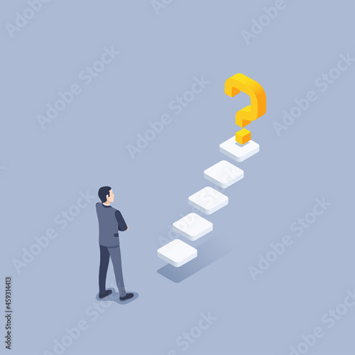 isometric vector illustration on a gray background, a man in a business suit stands in front of the steps and a question mark, set a goal