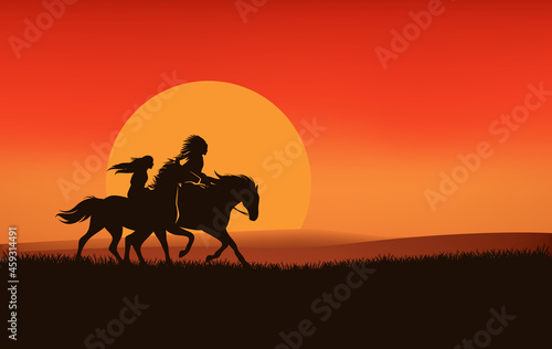 native american chief and beautiful woman riding horses over sunset land - wild west grass prairie vector silhouette design
