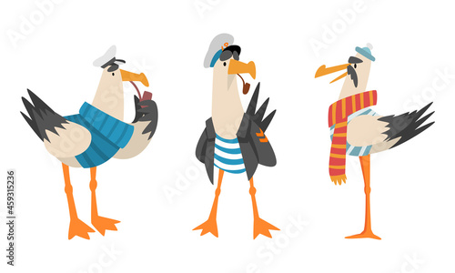 Seagull Sailor Character in Striped Vest and Hat Smoking Pipe Vector Set