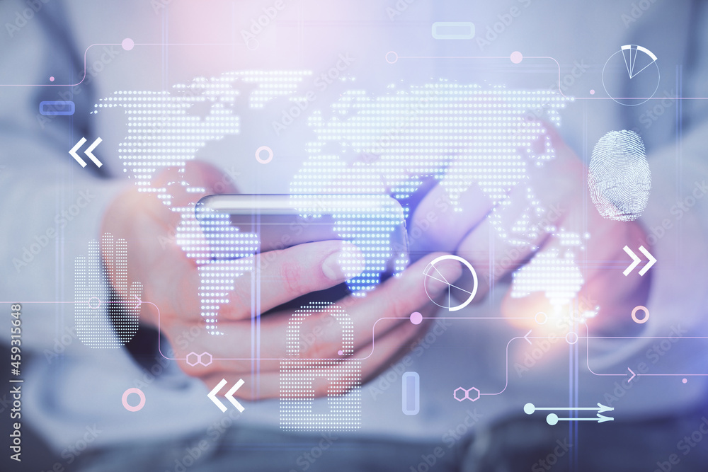Multi exposure of man's hands holding and using a digital device and map drawing. International business concept. Multi exposure of man's hands holding and using a digital device and map drawing. International business concept.