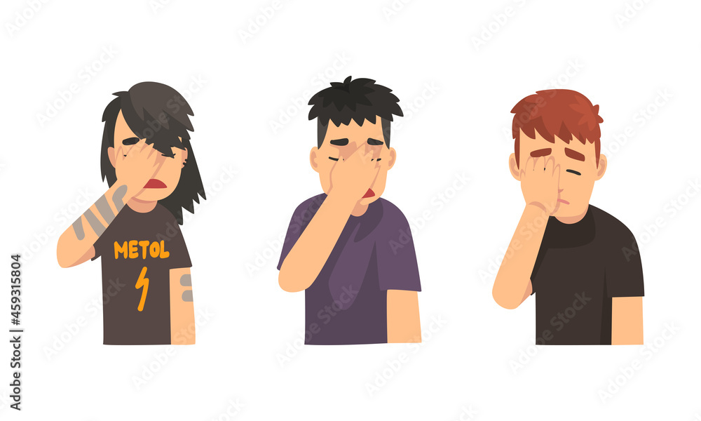 Disappointed Man Covering His Face with Hand Displaying Frustration and Embarrassment Vector Set Disappointed Man Covering His Face with Hand Displaying Frustration and Embarrassment Vector Set