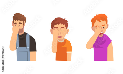 Disappointed Man Covering His Face with Hand Displaying Frustration and Embarrassment Vector Set