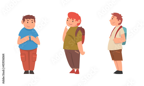 Cheerful Boy with Overweight and Body Fat Vector Set