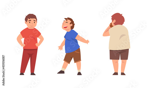 Cheerful Boy with Overweight and Body Fat Eating Something and Smiling Vector Set