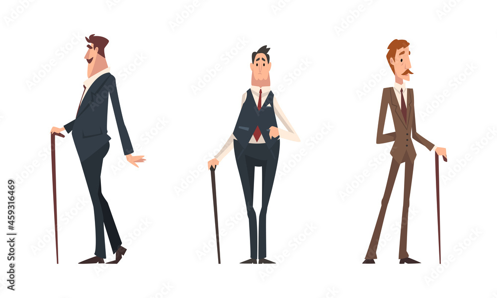 Fototapeta premium Victorian Tall Man Gentleman in Elegant Suit with Cane Having Respectful Manner Standing Vector Set