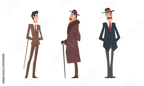 Victorian Gentleman in Elegant Suit with Respectful Manner Standing Vector Set