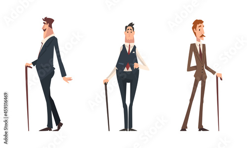 Victorian Tall Man Gentleman in Elegant Suit with Cane Having Respectful Manner Standing Vector Set