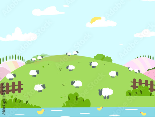 Vector illustration. Landscape with sheep  river and ducks