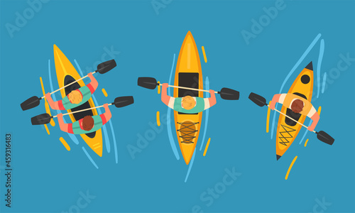 Man Rafting on Inflatable Raft with Paddle or Oar Above View Vector Set