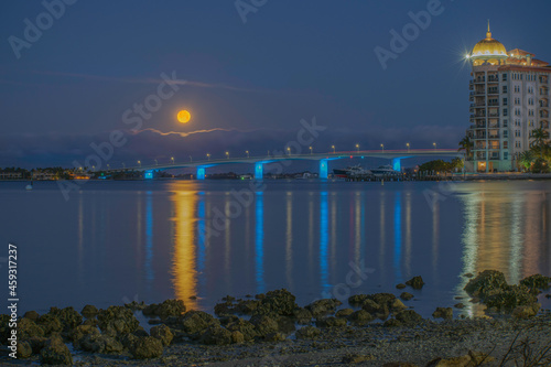 Pink Super Moon over John Ringling bridge, Sarasota, FL