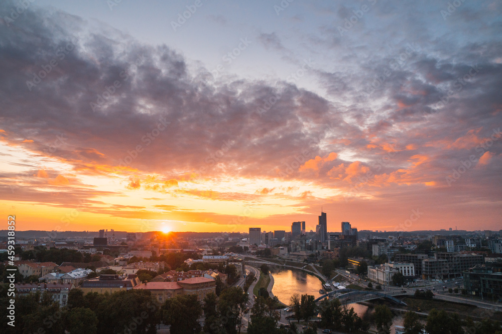 VIlnius / Lithuania - August 12 2021: View over the downtown of Vilnius in the summer at sunset, amazing baltic touristic city in Lithuania, Europe