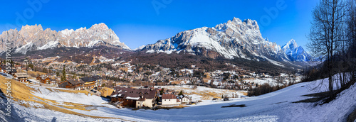 Panorama of Cortina d'Ampezzo. Cortina d'Ampezzo is a town and commune in the heart of the southern dolomitic Alps in the Veneto region of Northern Italy. © EKH-Pictures