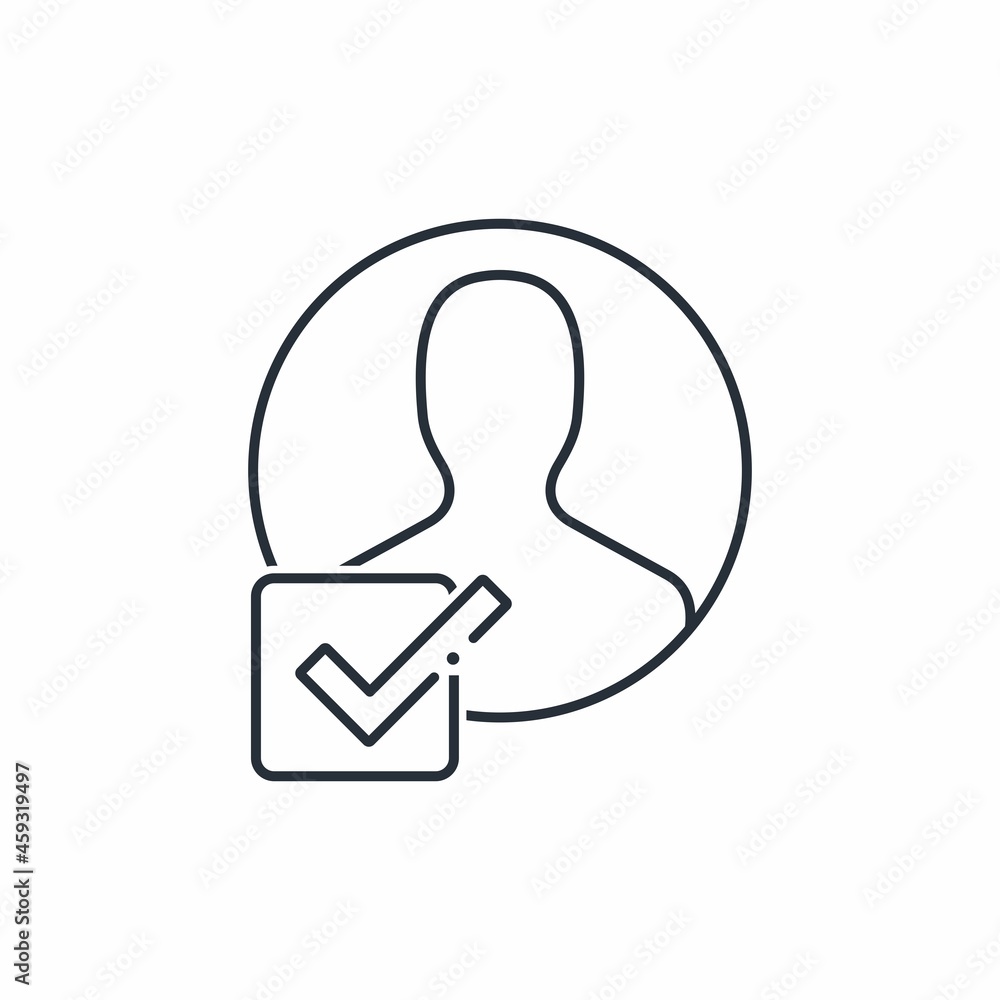 User marked with a square icon with a check mark. Vector linear icon isolated on white background. User marked with a square icon with a check mark. Vector linear icon isolated on white background.