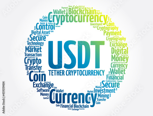 USDT or Tether cryptocurrency coin word cloud collage, business concept background photo