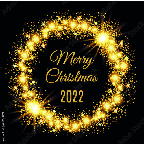 2022 Merry Christmas glowing gold background. Vector illustration