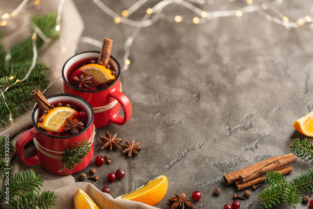 Card with mulled wine in a red cup and copy space Card with mulled wine in a red cup and copy space