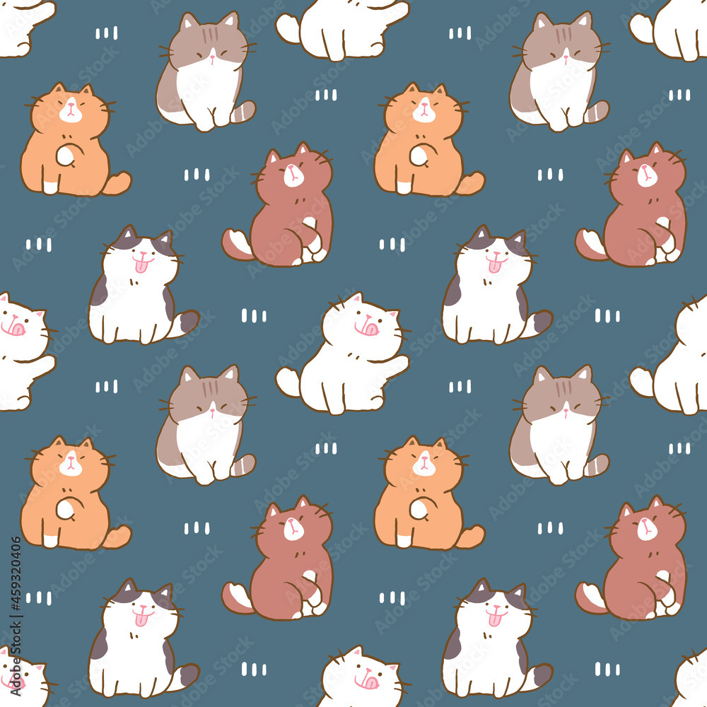 Seamless Pattern with Cartoon Cat Design on Dark Blue Background Seamless Pattern with Cartoon Cat Design on Dark Blue Background