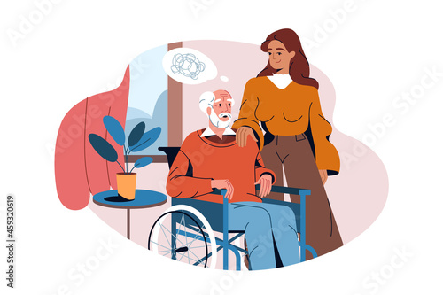Flat old man suffer from dementia or alzheimers disease. Young woman volunteer or social worker care for an elderly person. Disabled person in wheelchair with brain problems has support from relative.