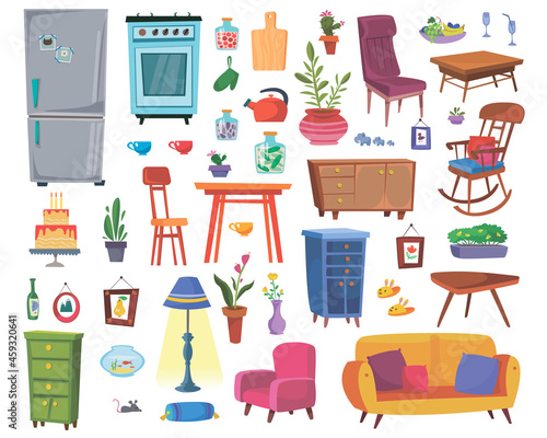 A large set of furniture and interior items. Furniture for kitchen. Refrigerator, table, sofa and other furniture. Living room or study. Vector in cartoon style.