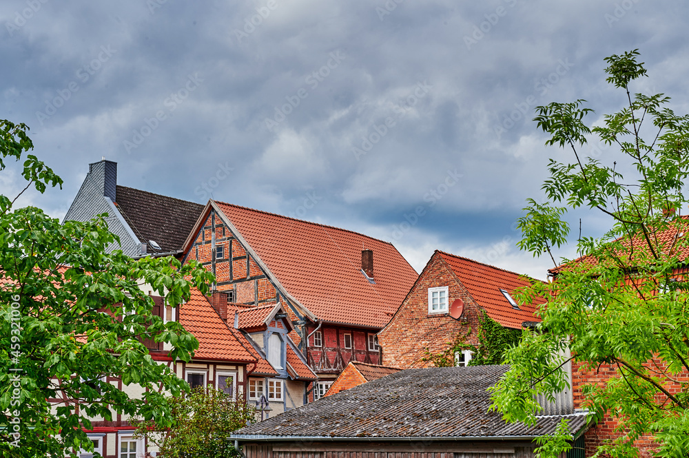 View to the German medieval town Dannenberg. You can see the facade of a historic house with half-timbered architecture.