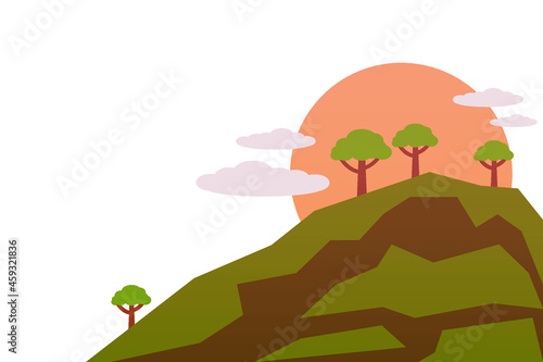 Simple landscape with green high grassy hill with trees, clouds and red sun vector illustration