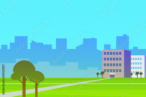 Wallpaper Mural Park with green lawns, trees, hospital building, school on the background of the outlines of city buildings vector illustration Torontodigital.ca