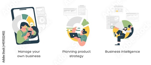 Strategic business planning abstract concept vector illustration set. Manage business, Planning product strategy, Business intelligence abstract metaphors