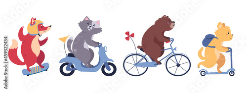 Animal characters on the go. Flat style vector illustration.