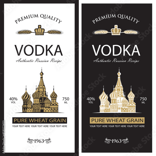 collection of vodka labels with Basil Cathedral in retro style