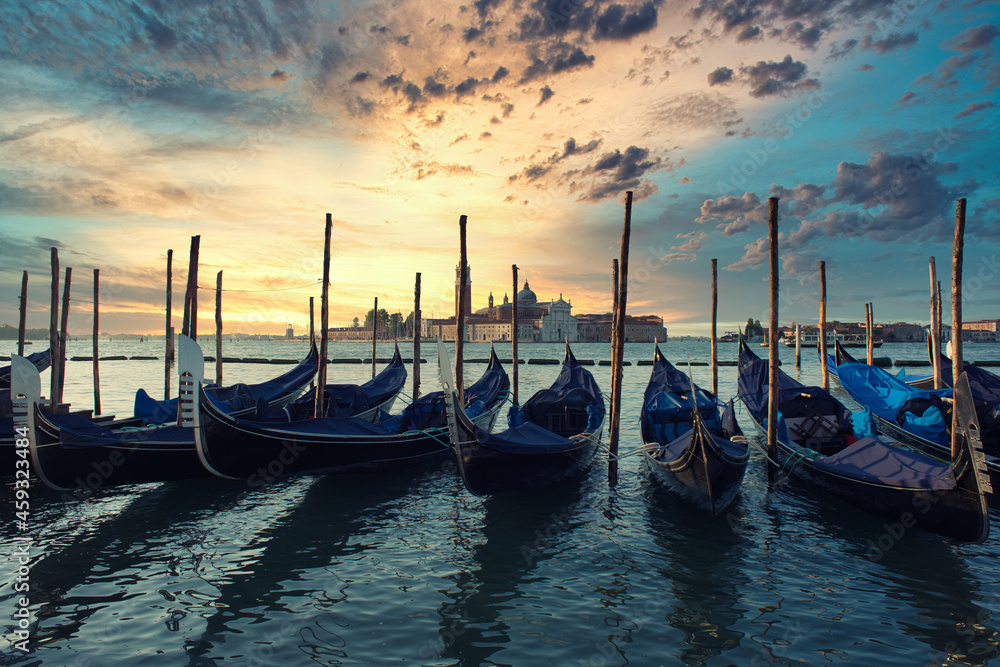 Italy Venice gondolas at sunset or dusk