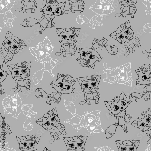 Cute seamless pattern with linear cats on a gray background. Painted cats in black and white. Funny cat girl in clothes. Vector print.
