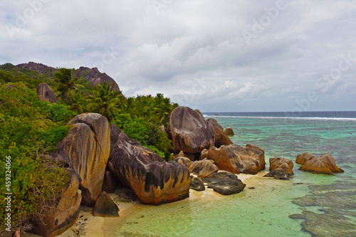 Beautiful unusual rocks in the Seychelles in the jungle