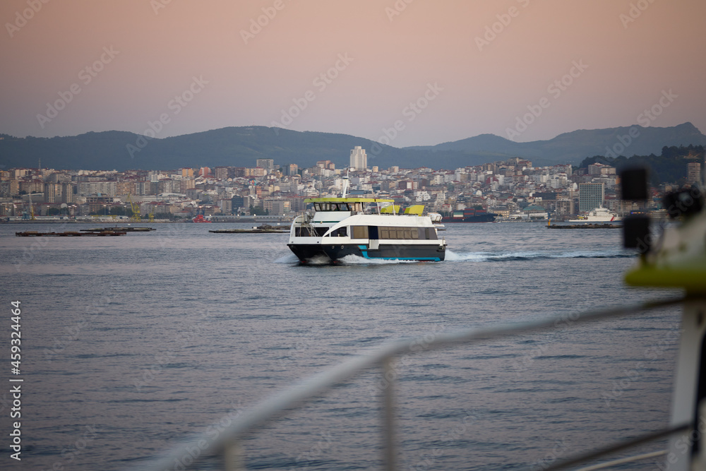 Fototapeta premium Commuter boat leaving the port of Vigo in Galicia, Spain.