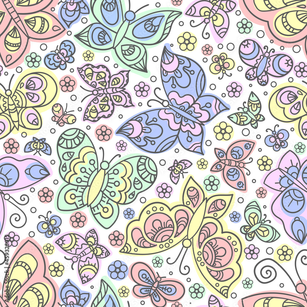 Seamless background with butterflies. Doodle style. Summer theme.Vector