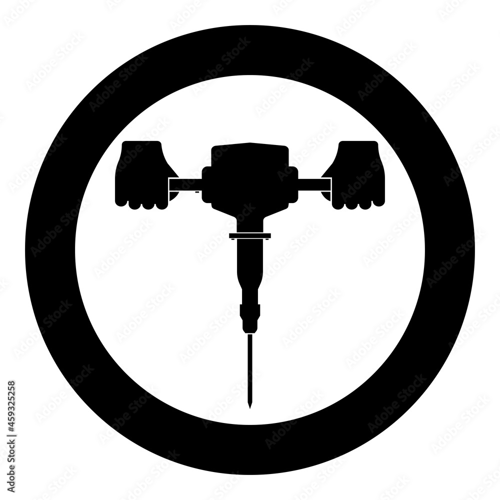 Jackhammer in hand holding power tool use Arm using electric instrument icon in circle round black color vector illustration solid outline style image Jackhammer in hand holding power tool use Arm using electric instrument icon in circle round black color vector illustration solid outline style image