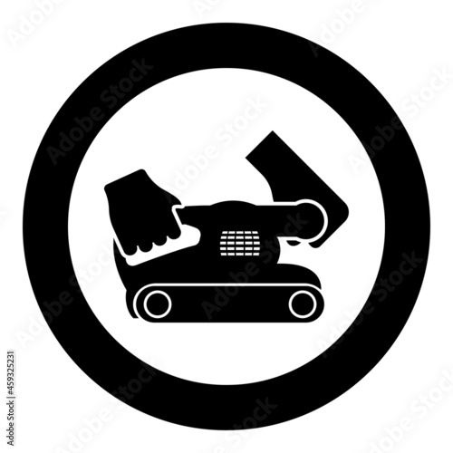 Belt sander in hand holding tool use Arm using circular sheet Electric orbital instrument icon in circle round black color vector illustration solid outline style image