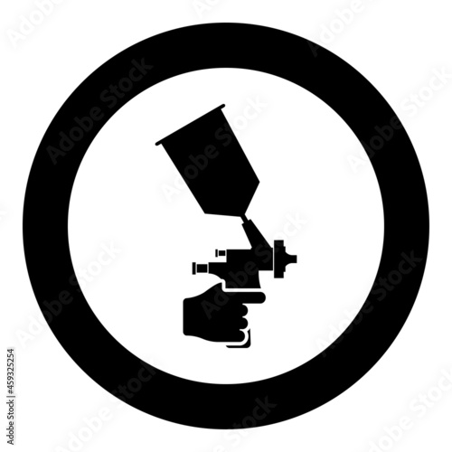 Spray gun holding in hand Sprayer using Arm use tool atomizer pulverizer icon in circle round black color vector illustration solid outline style image